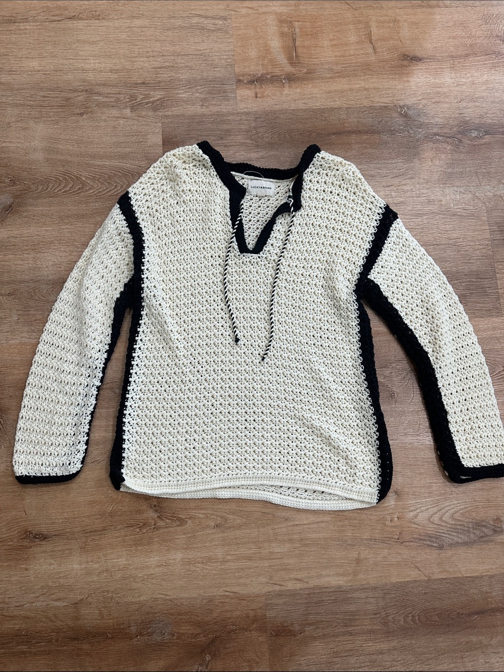 Lucky Brand Cream Crochet V-Neck Sweater with Black Trim